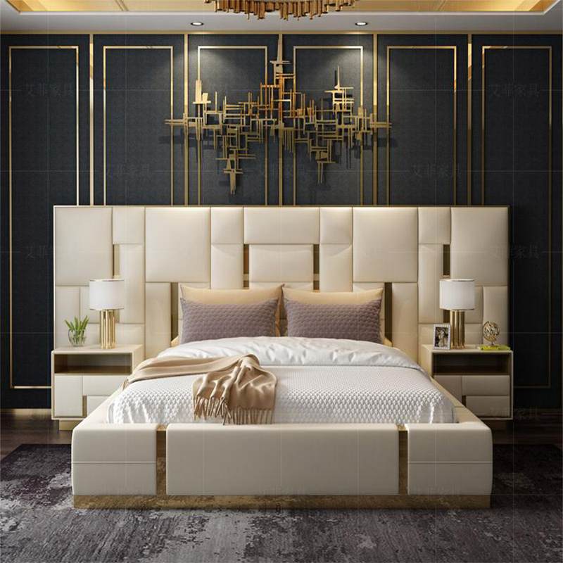 艾菲后现代轻奢床真皮双人卧室简约现代港式样品房轻奢家具美式床