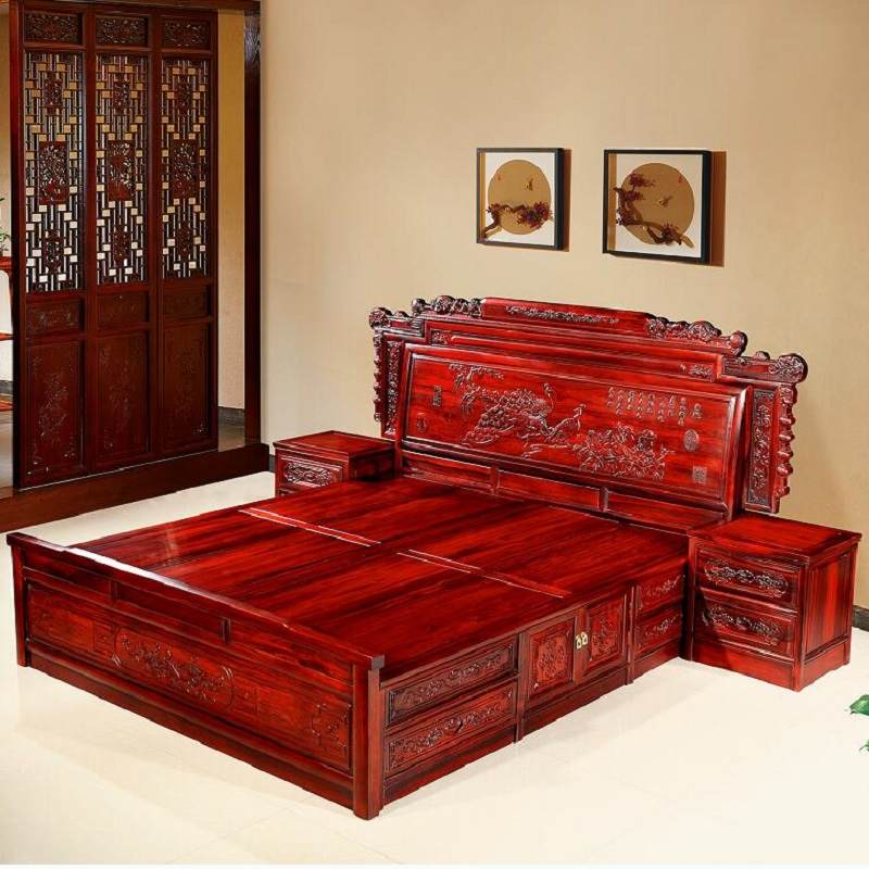 红木家具1.8米大床红酸枝木 中式实木带暗箱抽屉双人床塌