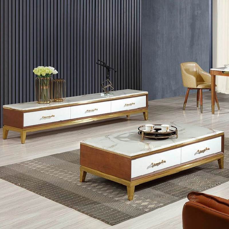 北欧轻奢大理石茶几电视柜组合简约后现代小户型客厅实木家具金色