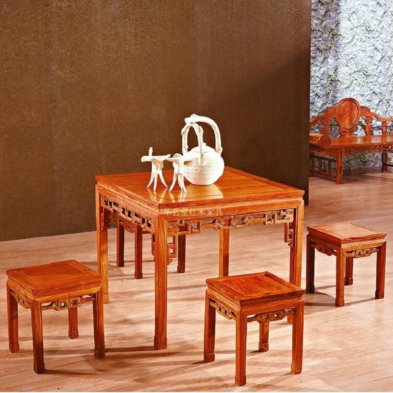 红木家具 刺猬紫檀中式八仙桌饭桌餐桌组合休闲方桌五件套