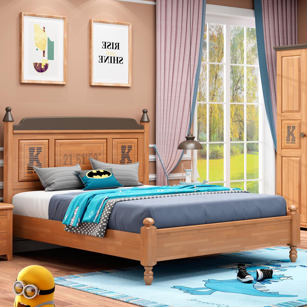 儿童床男孩单人床美式全实木床地中海高箱储物床套房组合1.5米
