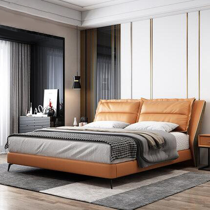 库斯床意式极简轻奢真皮床头层牛皮简约现代主卧室双人1.8米大床