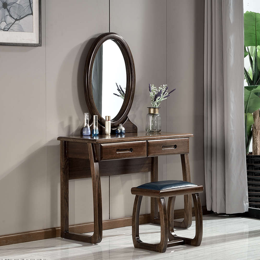 全实木梳妆台现代中式黑胡桃木梳妆台小户型化妆桌含凳卧室家具