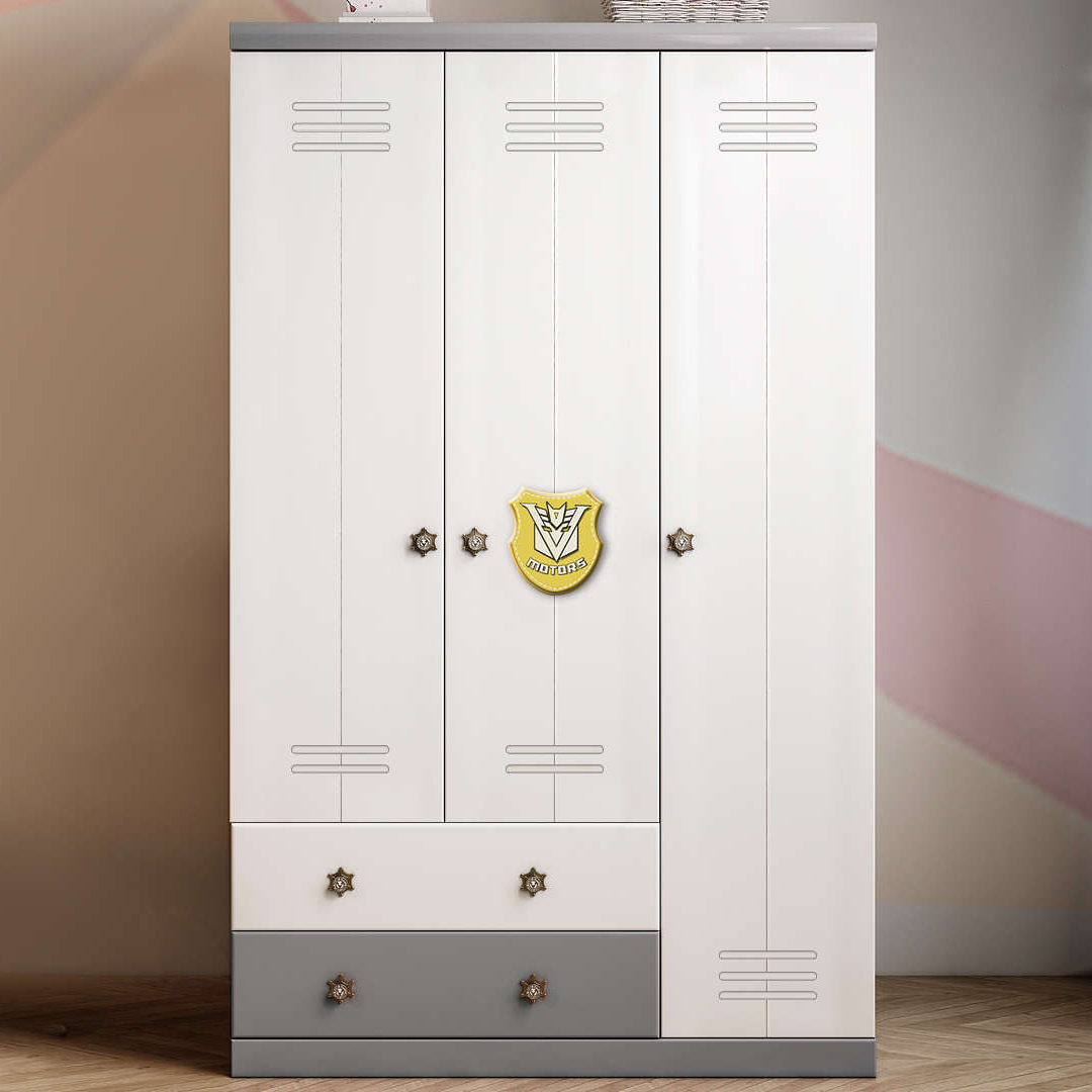 卡通图案灰色儿童卧室三门衣柜现代简约小户型木质储物柜