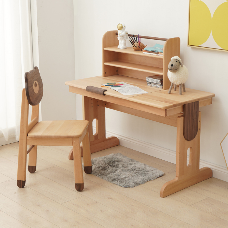 北欧全实木学生书桌书架组合简约原木色儿童房写字台学习桌子家用