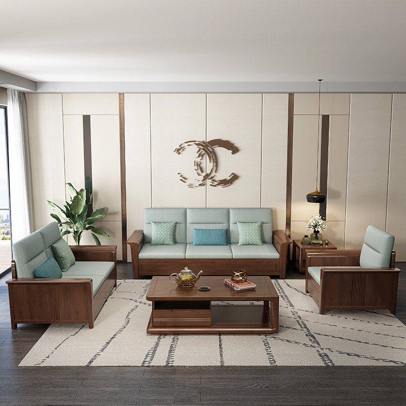 全实木沙发现代新中式小户型冬夏两用布艺三人沙发组合北欧家具