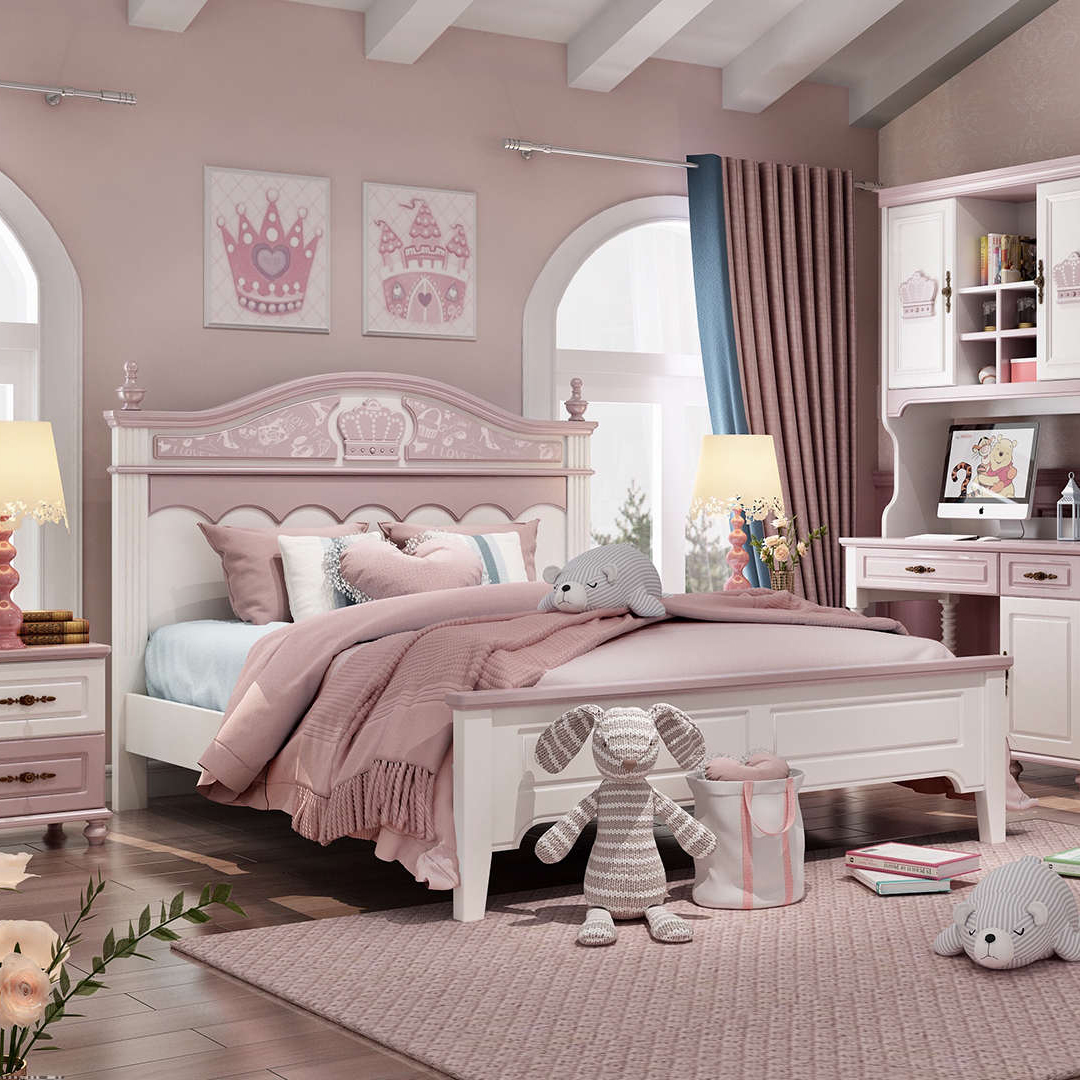 全实木儿童床单人床女孩公主床梦幻1.2米1.5米家用青少年家具粉色