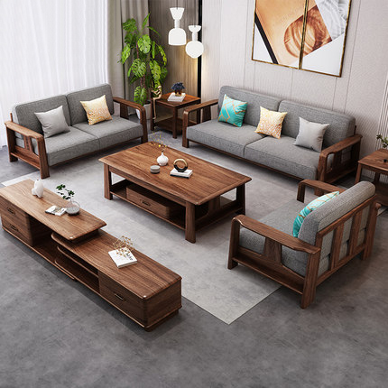 乌金木实木沙发123组合现代中式木布沙发大小户型新中式客厅家具