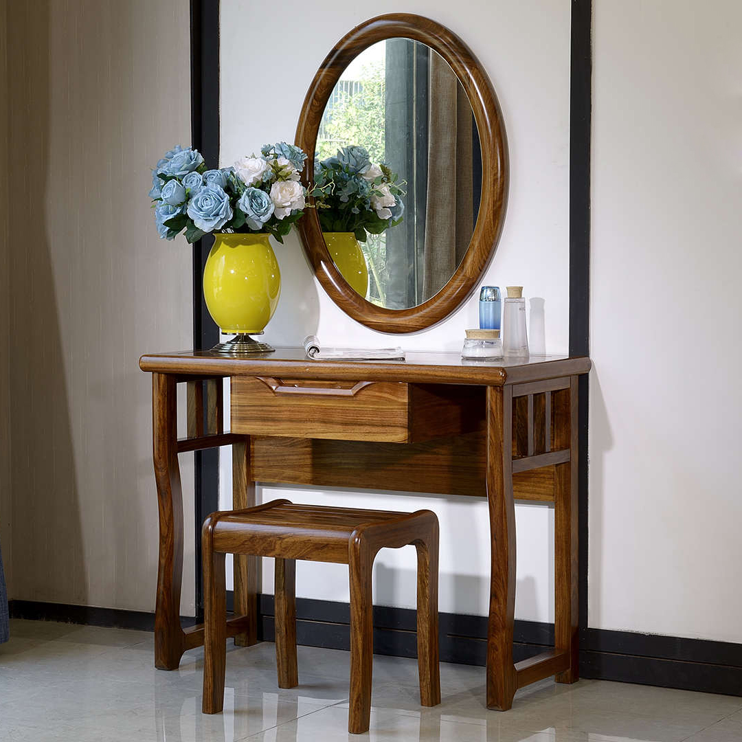 简约现代中式全实木梳妆台乌金木化妆桌镜卧室奢华实木家具收纳桌