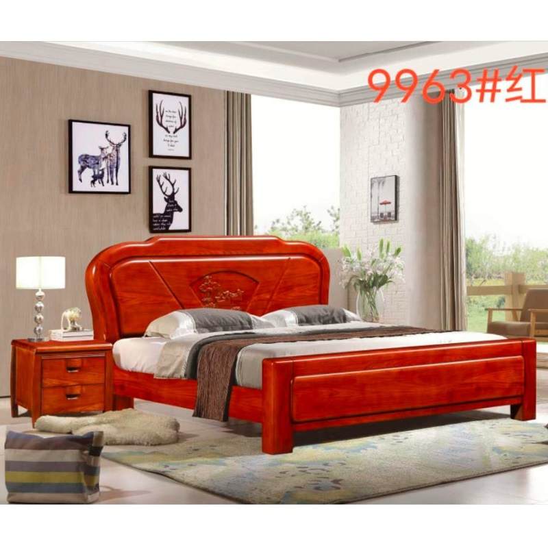 中式实木床1.8米拉纹双人床简约现代家用主卧储物橡木婚床