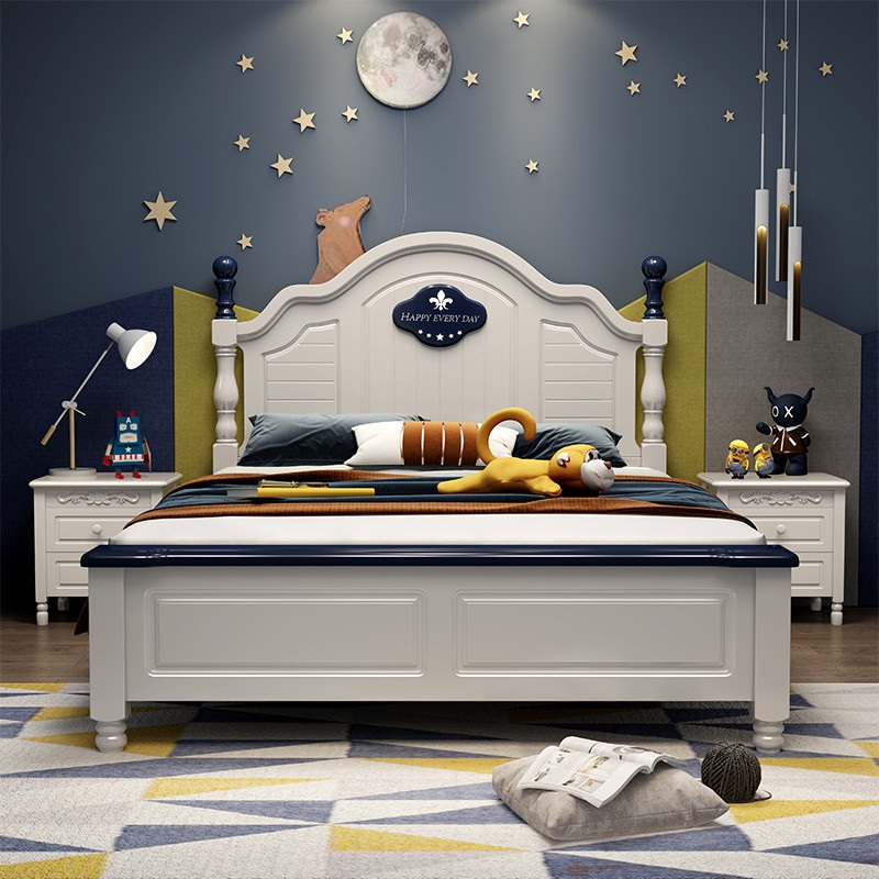 美式儿童床男孩1.5米小孩储物实木单人床1.35m简约现代1.2m女孩床多功能收纳床