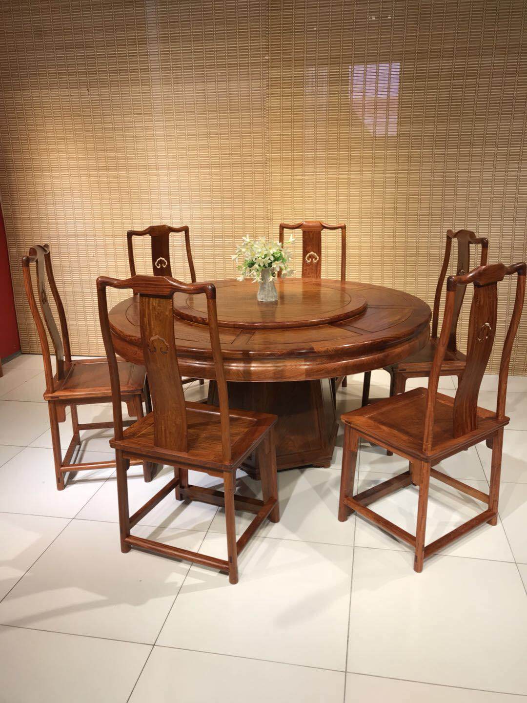 红木圆桌大果紫檀，餐桌餐椅组合带转盘中式实木圆桌