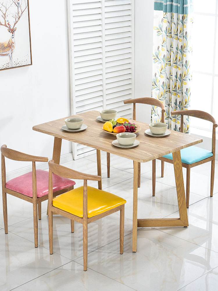北欧餐椅家用简约铁艺牛角椅子仿实木靠背凳子奶茶店主题餐厅桌椅