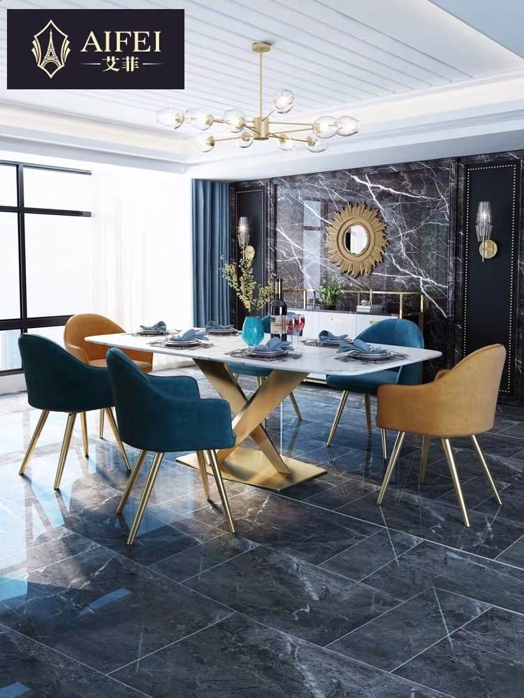 艾菲 轻奢大理石餐桌北欧创意8人家用港式后现代长方形餐桌椅组合