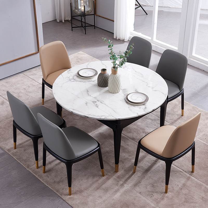 北欧后现代简约大理石伸缩折叠圆形餐桌轻奢实木小户型餐桌椅组合