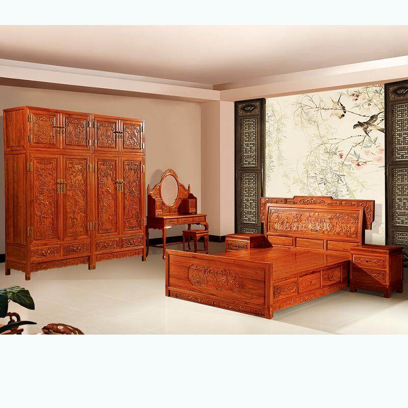新中式老榆木双人床主卧1.8米仿古家具储物柜抽屉古典雕花