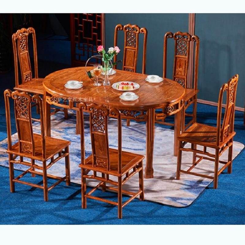 中式红木实木花梨木刺猬紫檀餐桌椭圆伸缩折叠小户型简约椅子组合