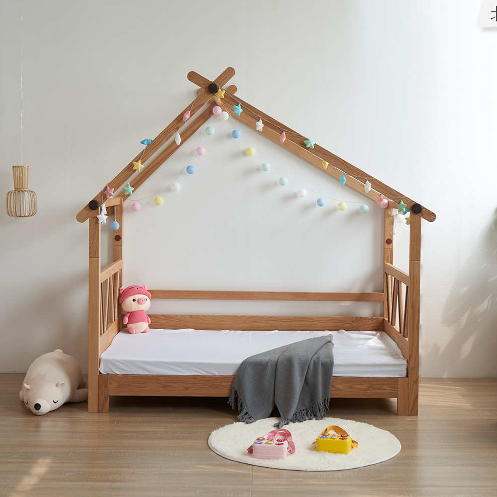 北欧全实木儿童床红橡木多功能卡通男孩童趣带护栏1米实木儿童床