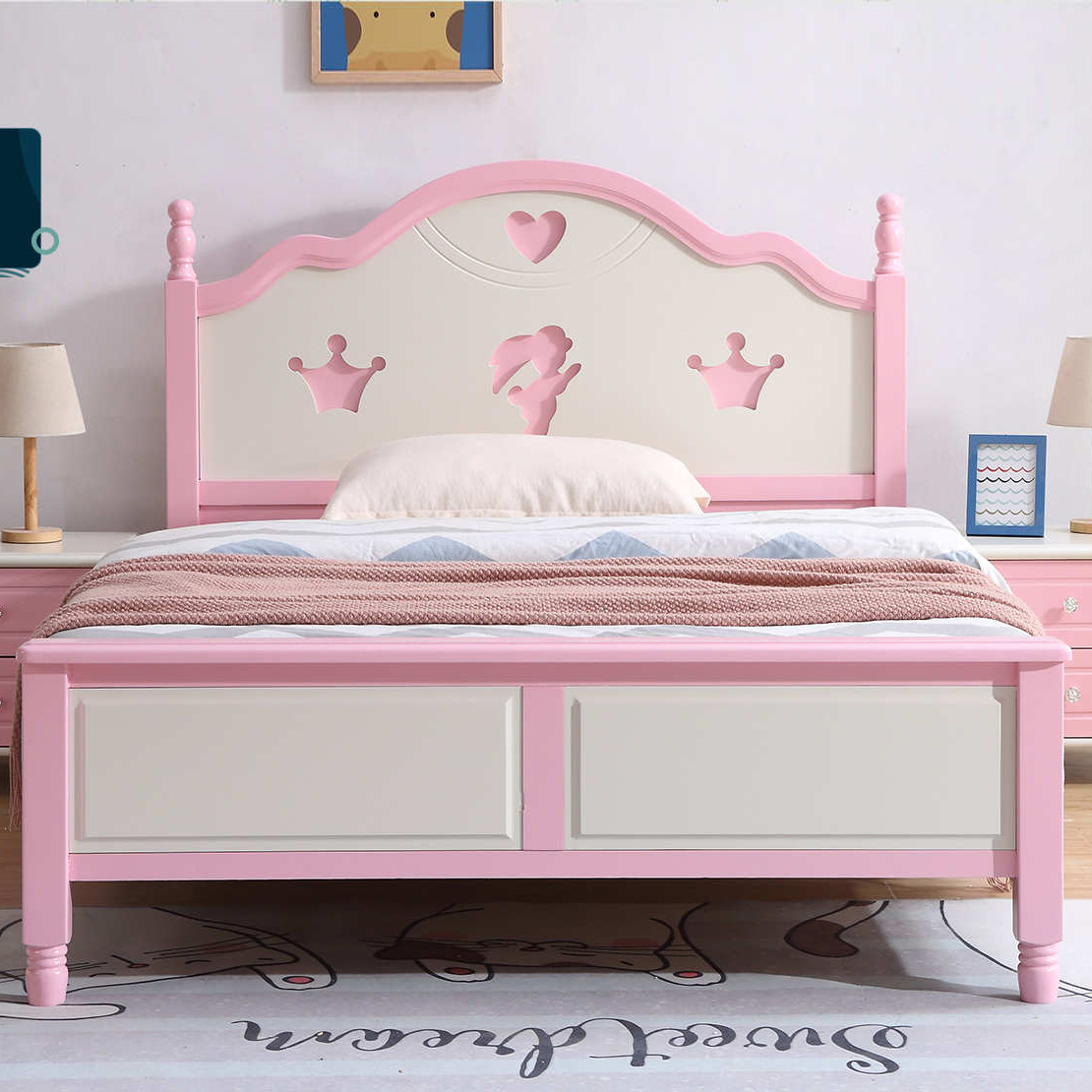 实木小孩床欧式儿童床女孩单人床白粉色1.5米梦幻公主床卡通