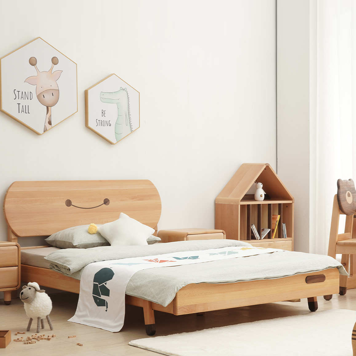 榉木儿童北欧实木儿童床可爱男女孩卡通1.2m1.5米小孩床