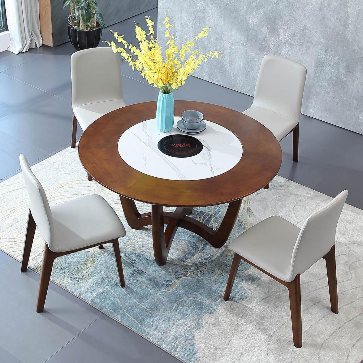 岩板内嵌式实木圆形餐桌椅组合带电磁炉1.2米大户型全实木圆桌