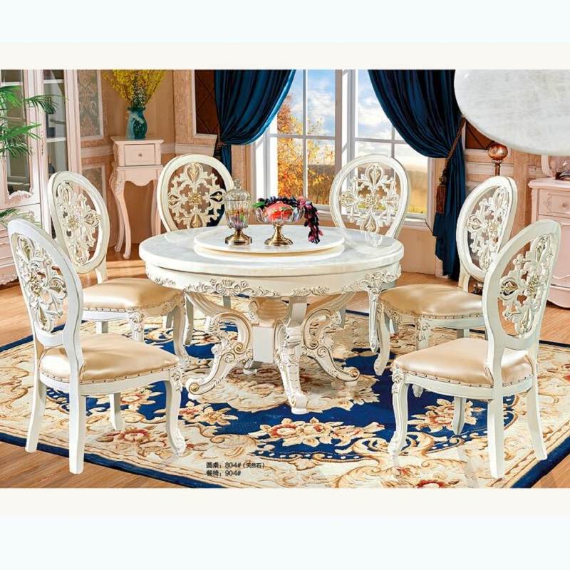 欧式大理石餐桌 椅组合实木家用圆形现代简约小户型带转盘圆桌