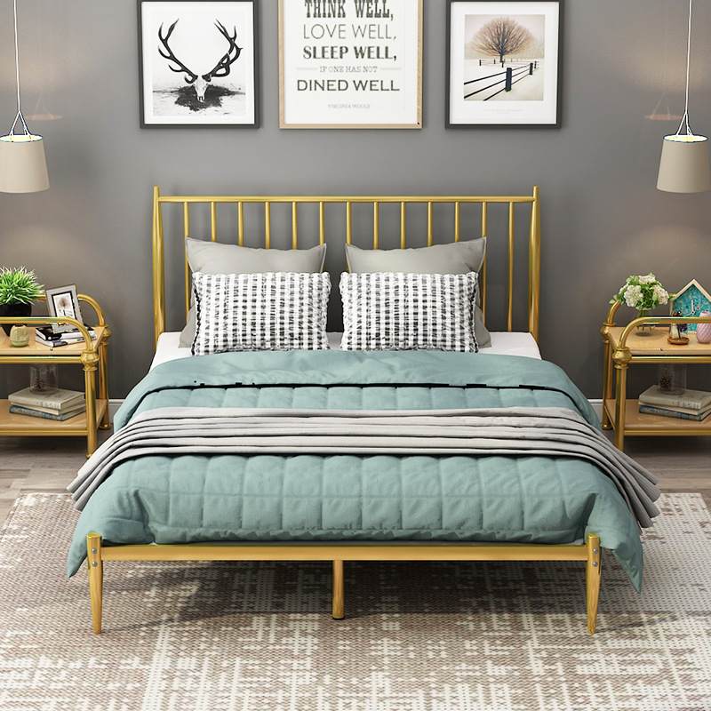 现代简约金属床 创意小户型卧室公寓酒店金色1.2米 1.5米 1.8米双人铁艺床定制