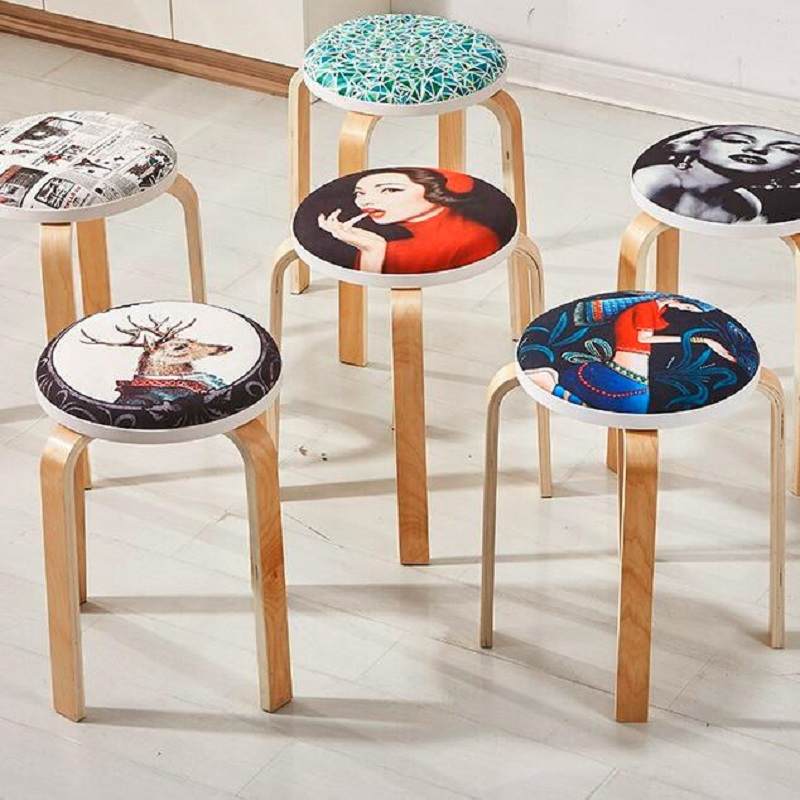 实木凳子家用小圆凳时尚加厚餐桌椅简约软面可摞叠曲木加固成人凳