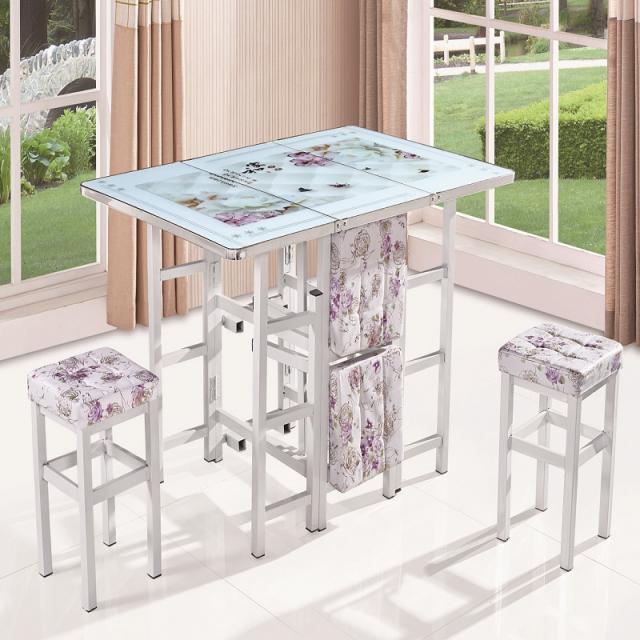简约现代家用伸缩桌子折叠餐桌椅组合铁艺钢化玻璃小户型饭桌